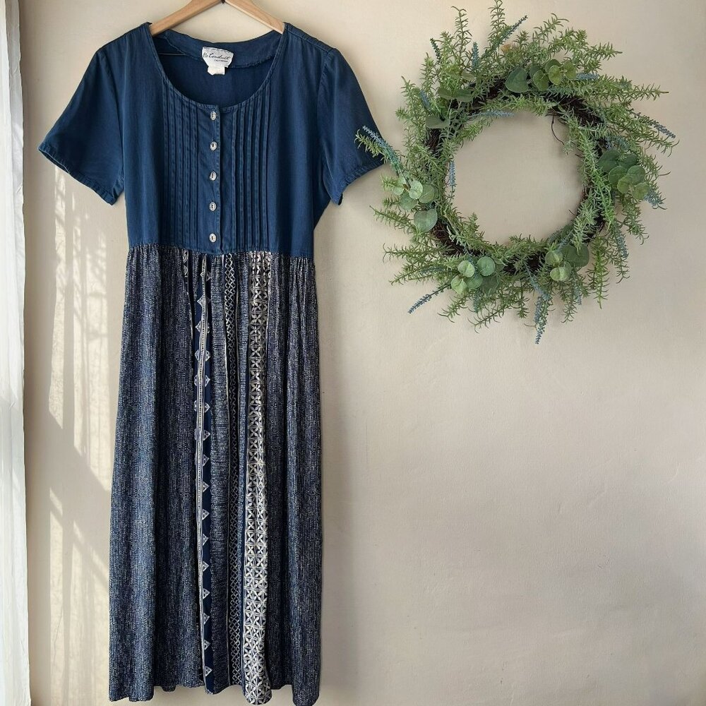 Vintage Ms. Conduct of California Blue Denim Floral Tie Back Maxi Dress